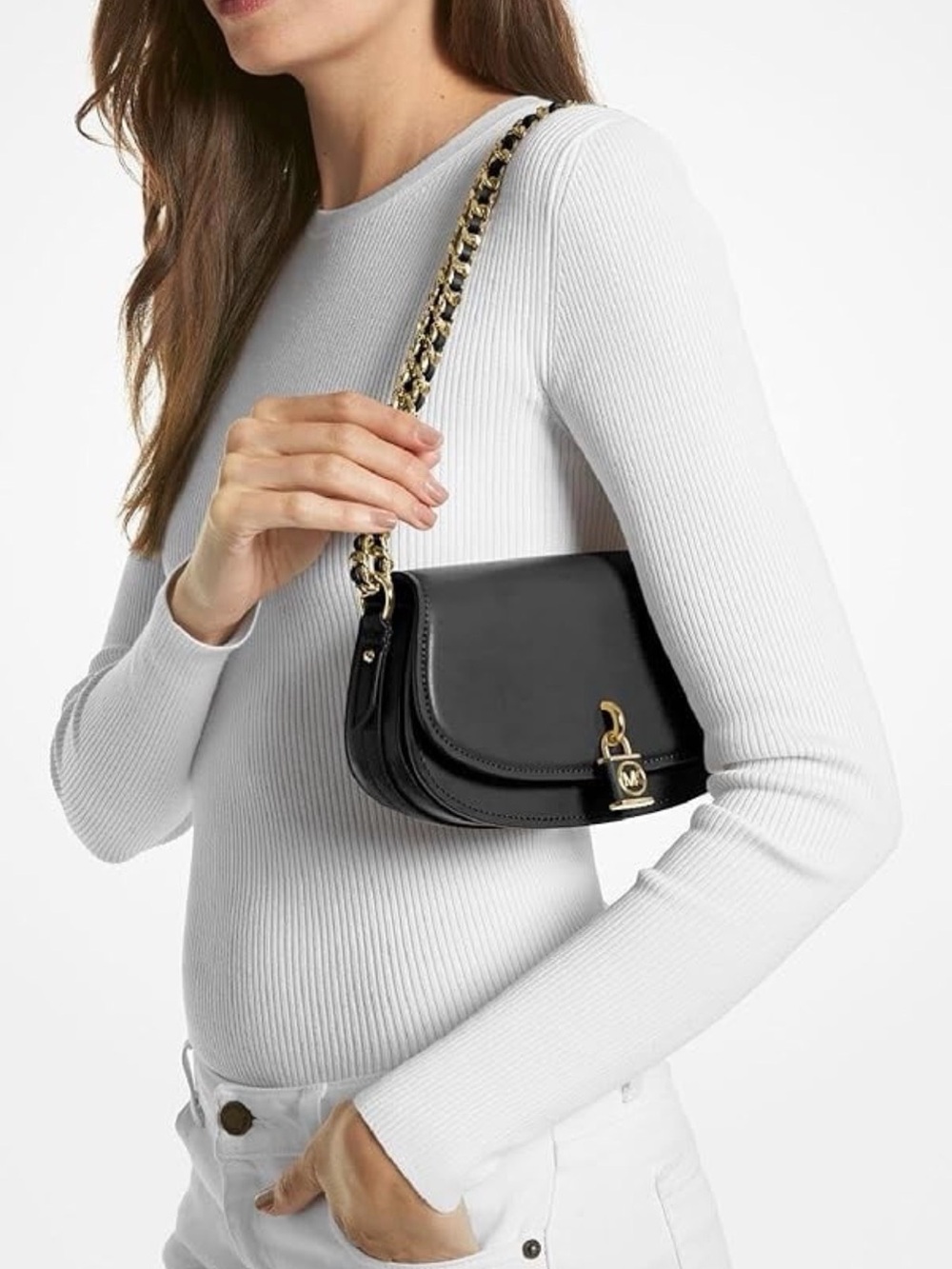 Michael Kors Black Leather Mila Small Chain Sling Messenger Purse / Like New - Picture 3 of 9